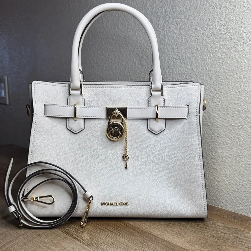 Michael Kors Hamilton Leather Medium Light Cream Satchel with Gold Accents - Picture 2 of 8